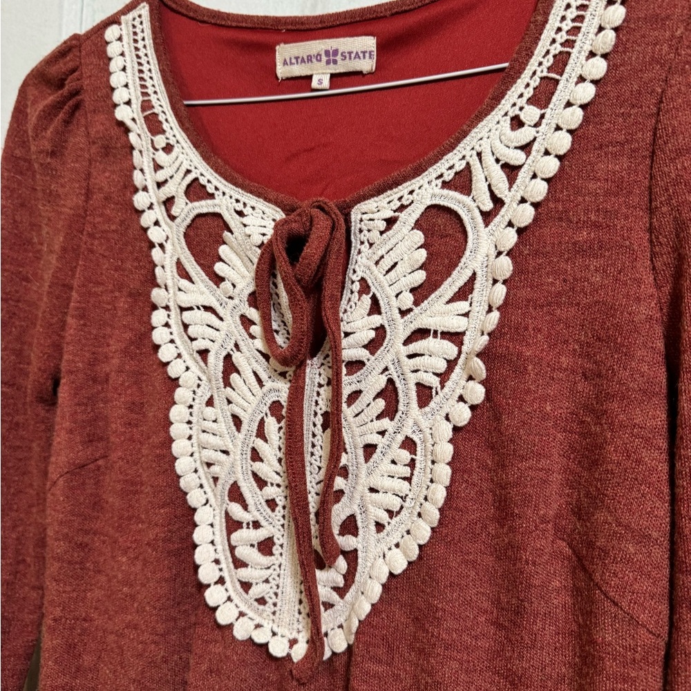 Altar'd State Rust Dress with Cream Lace - Picture 2 of 7